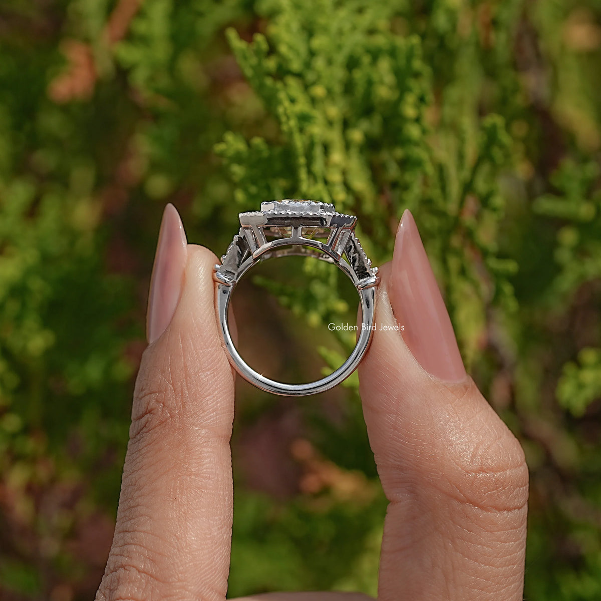 Back View Of Emerald Moissanite Engagement Ring