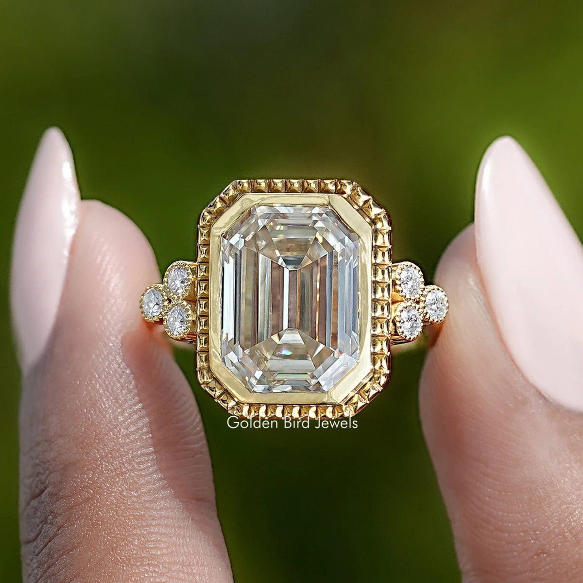 Front View of Bezel Set Old Mine Moissanite Emerald Cut Ring