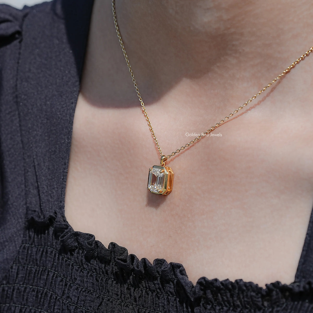 neck View of Old Mine Emerald Shaped Moissanite Pendant
