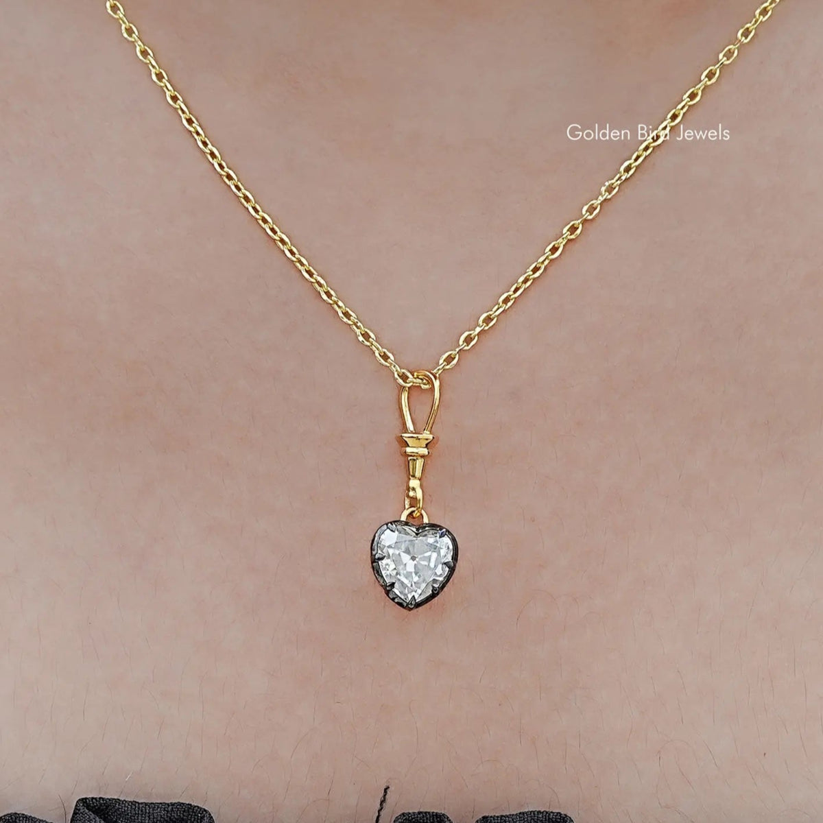 In neck View Of Old Mine Heart Shaped Moissanite Solitaire Pendant
