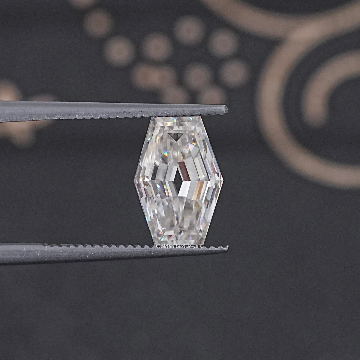 In Tweezer View Of Old Mine Lozenge Cut Loose Moissanite Stone