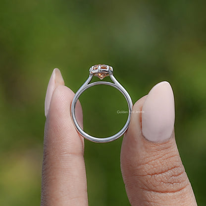Marquise moissanite solitaire ring, open gallery view, silver band with golden marquise gem