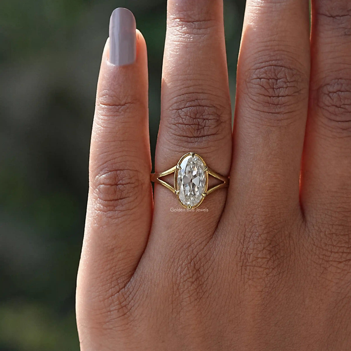 View of Old Mine Moval Cut Solitaire Ring In finger