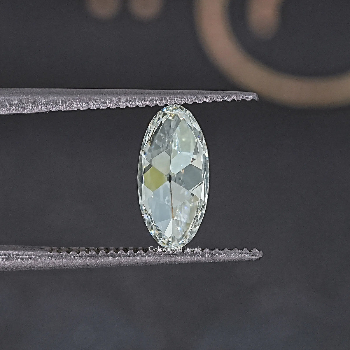 Close-up oval lab-grown diamond held between metal rails