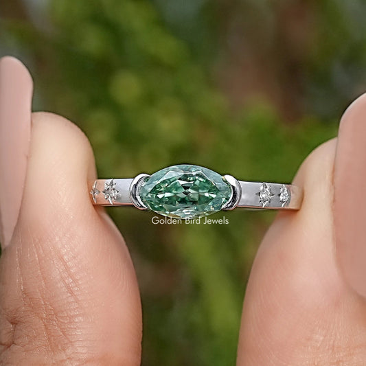 Front View of East West Old Mine Moval Moissanite Ring
