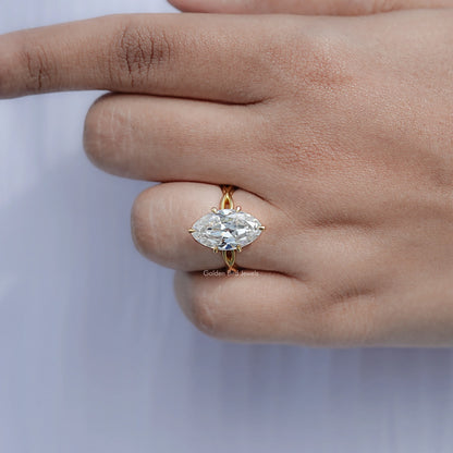 Gold-tone oval solitaire ring with prongs, close-up on finger