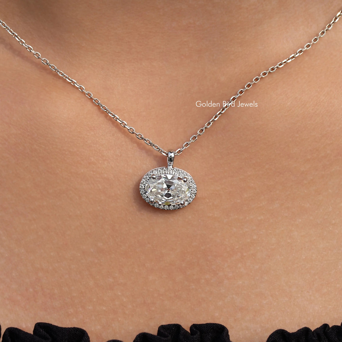 In neck View Of Old Mine Oval Moissanite Pendant