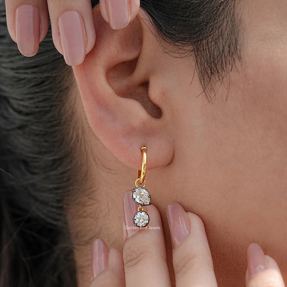 Close view of Round Moissanite Dangle Hoop Earrings in Unique design