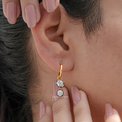 Close view of Round Moissanite Dangle Hoop Earrings in Unique design