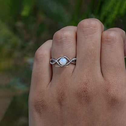 View of Opal Round Cut Accent Stone Ring In finger