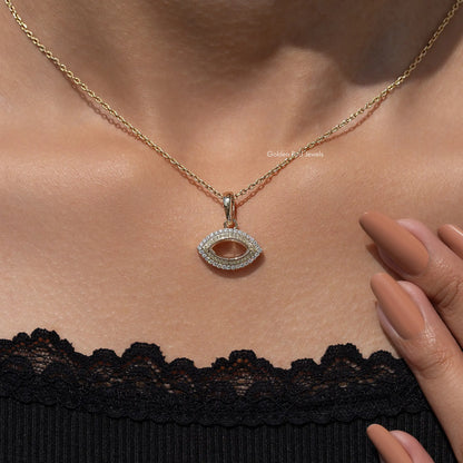 Halo marquise moissanite pendant on gold-tone chain, close-up
