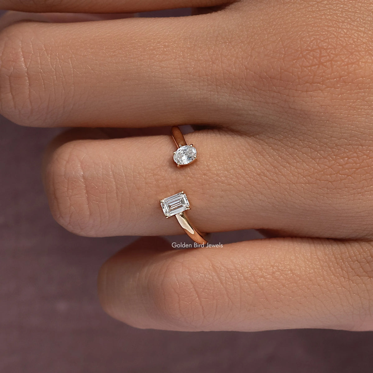 Two-stone open cuff ring: round lab diamond and emerald-cut lab diamond