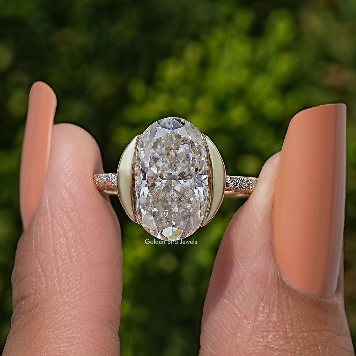 Oval moissanite solitaire ring, 925 sterling silver, large center stone on prongs
