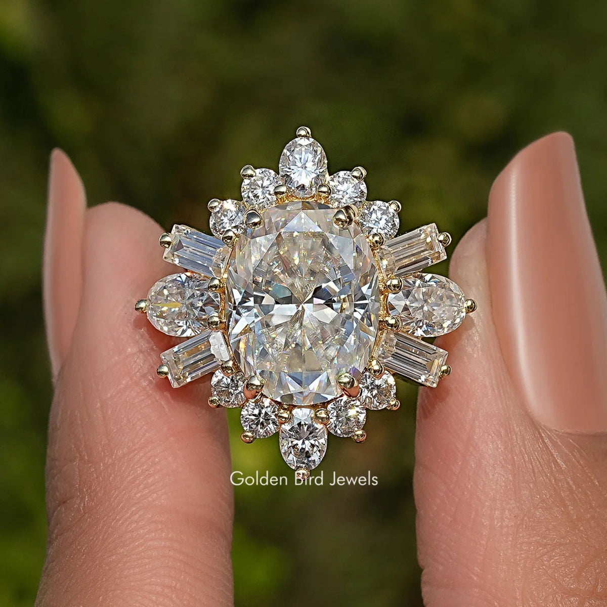 Oval center moissanite halo ring with round and baguette accents, silver-tone