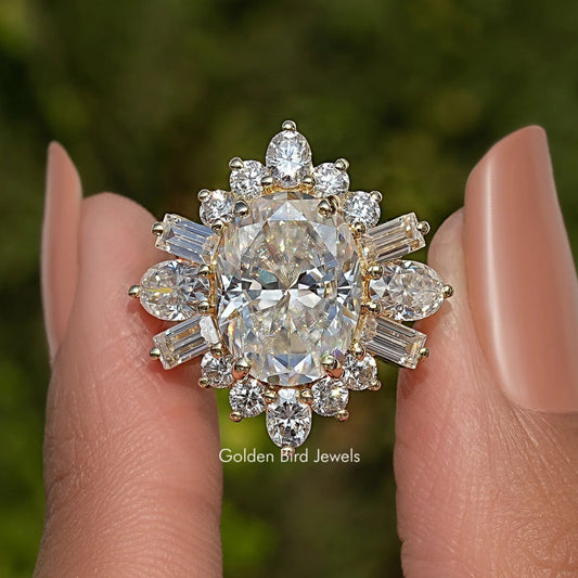 Oval center moissanite halo ring with round and baguette accents, silver-tone