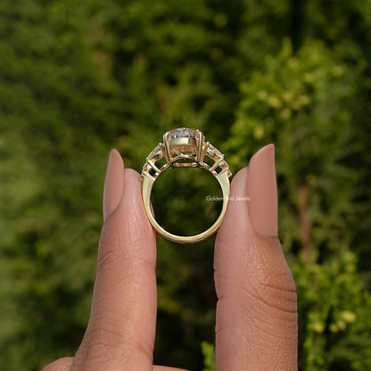 Oval moissanite cluster engagement ring with halo setting and split shank