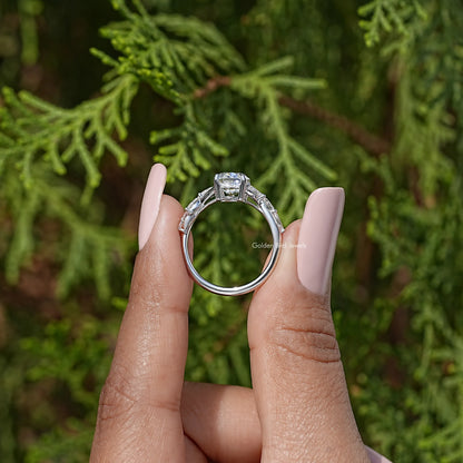 Angled view of oval moissanite solitaire ring with halo setting, sterling silver band