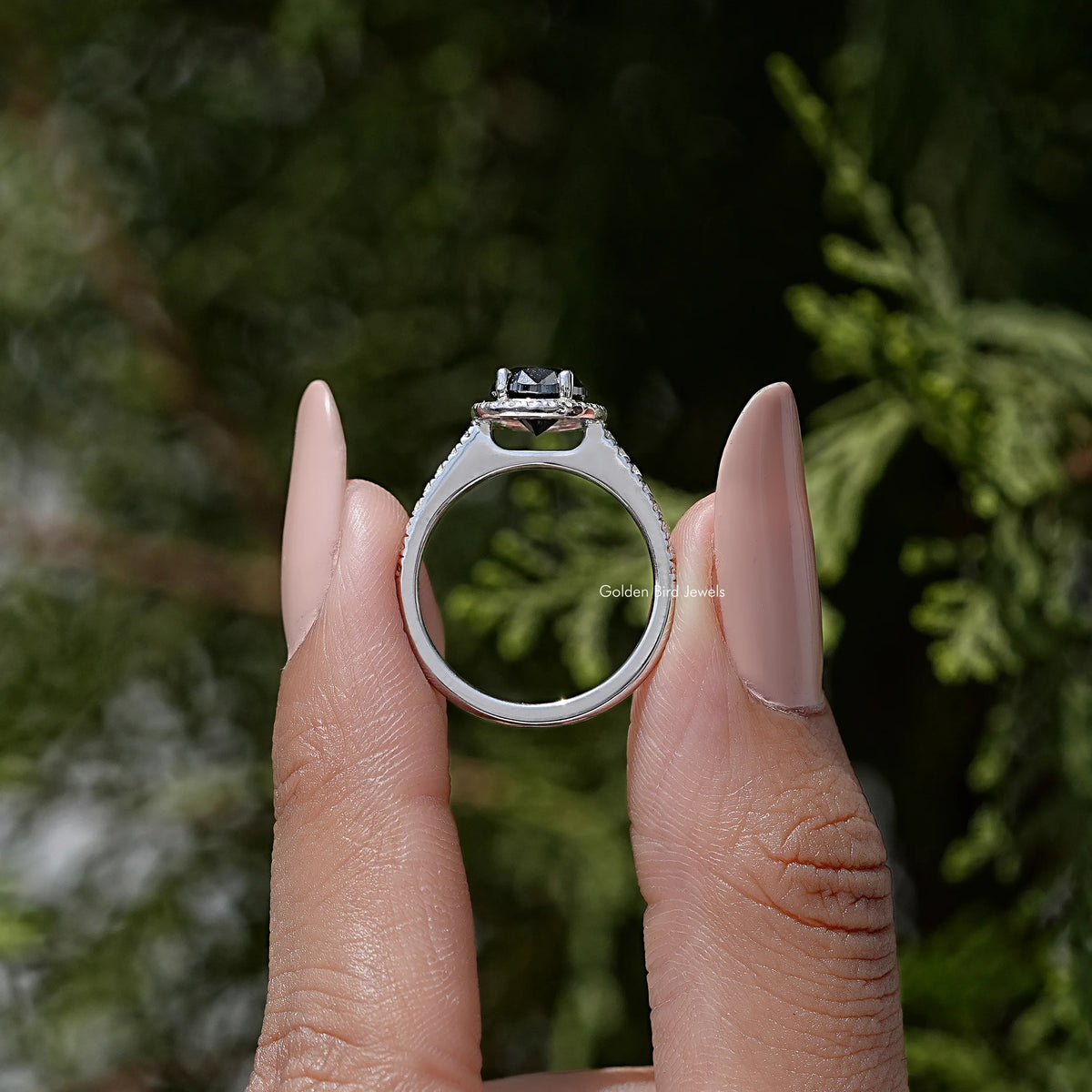 Reverse view of oval black moissanite halo ring in 925 sterling silver