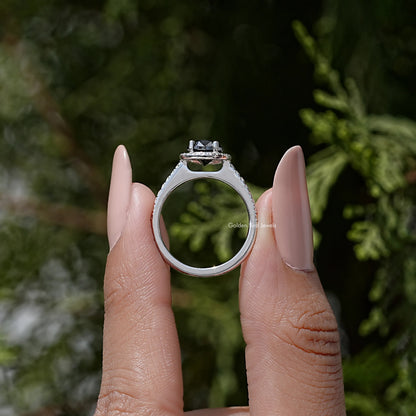 Reverse view of oval black moissanite halo ring in 925 sterling silver