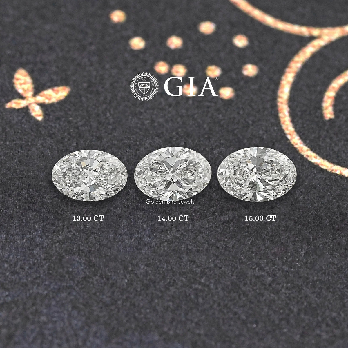 Three oval lab-grown diamonds with carat labels 13.00, 14.00, 15.00 CT
