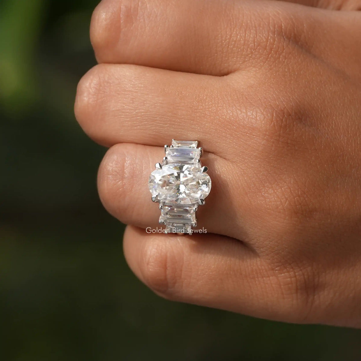 View of Oval And Baguette Cut Moissanite Ring In White Gold
