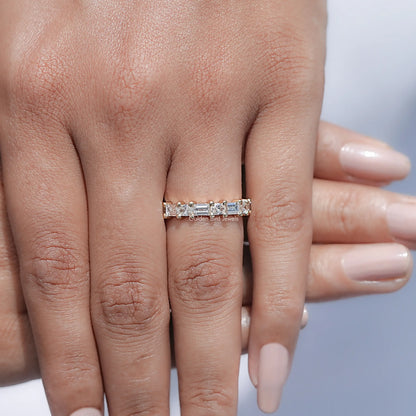Lab diamond baguette band ring, slim gold-toned band with rectangular stone row
