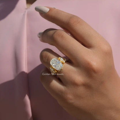 View of Moissanite Crushed Ice Oval Cut Cluster Ring In Finger
