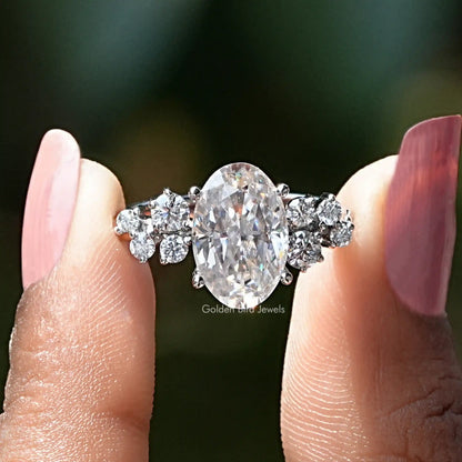 Front view of oval cut  moissanite  engagement ring  
