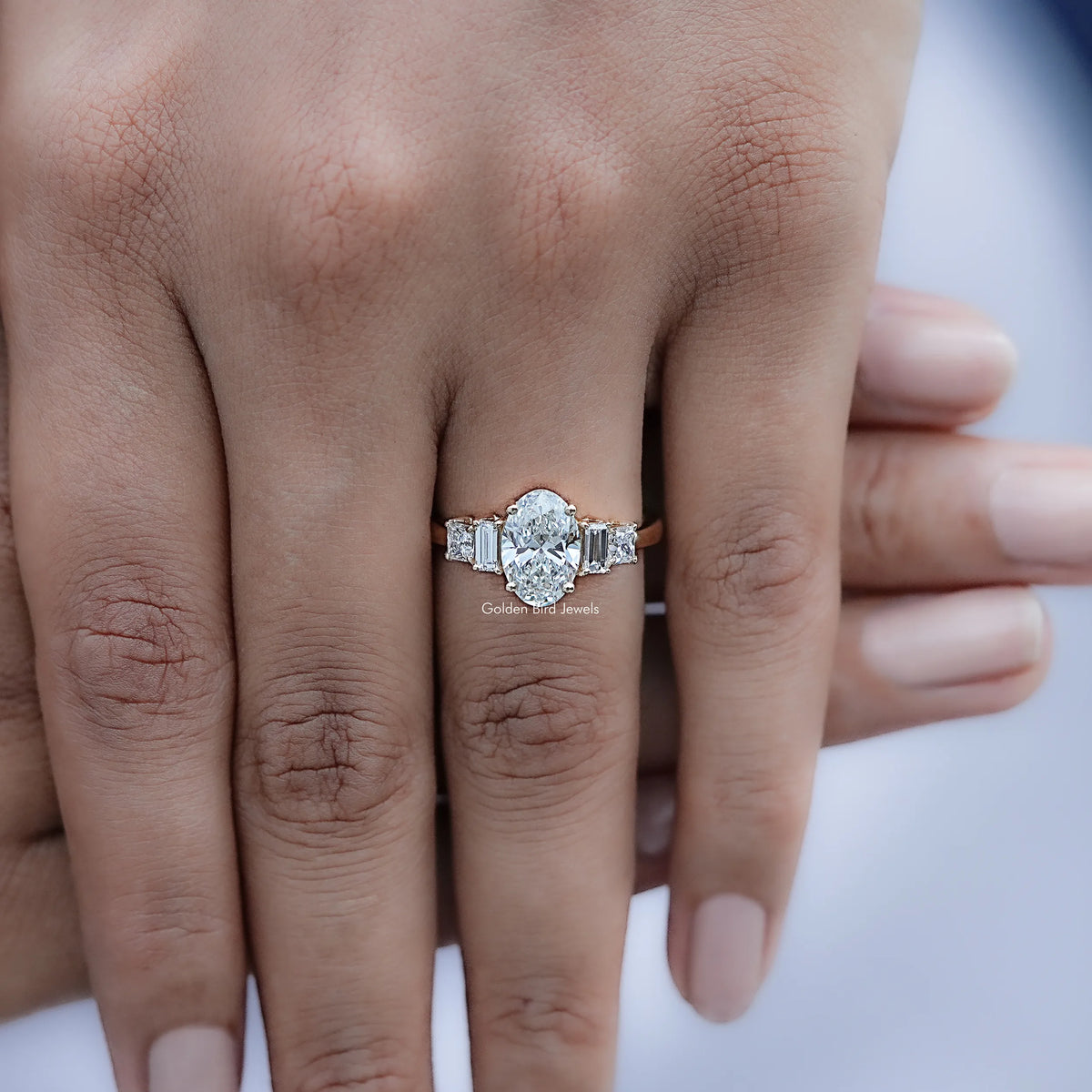 Detailed view of Oval Cut Lab Diamond Five Stone Ring