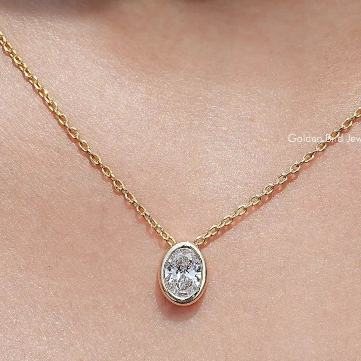 Front View of Oval Cut Lab Diamond Bezel Set Solitaire Pendant