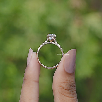 Back view of Oval Moissanite Bridge Cut ring in secure setting 