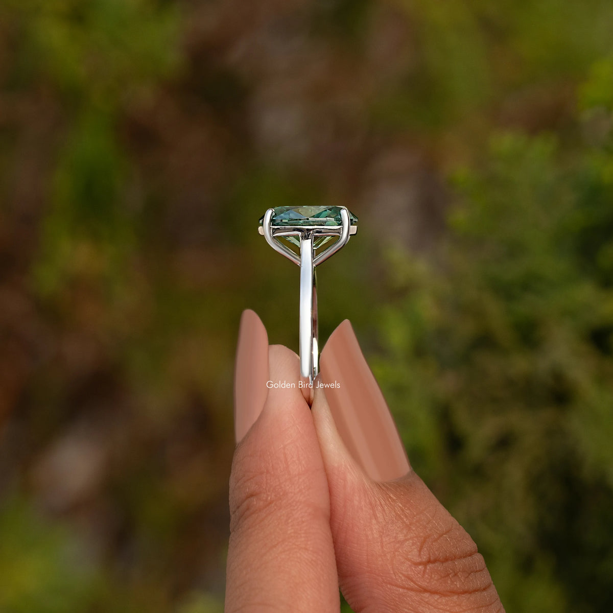 925 sterling silver oval-cut moissanite engagement ring, narrow profile with raised center