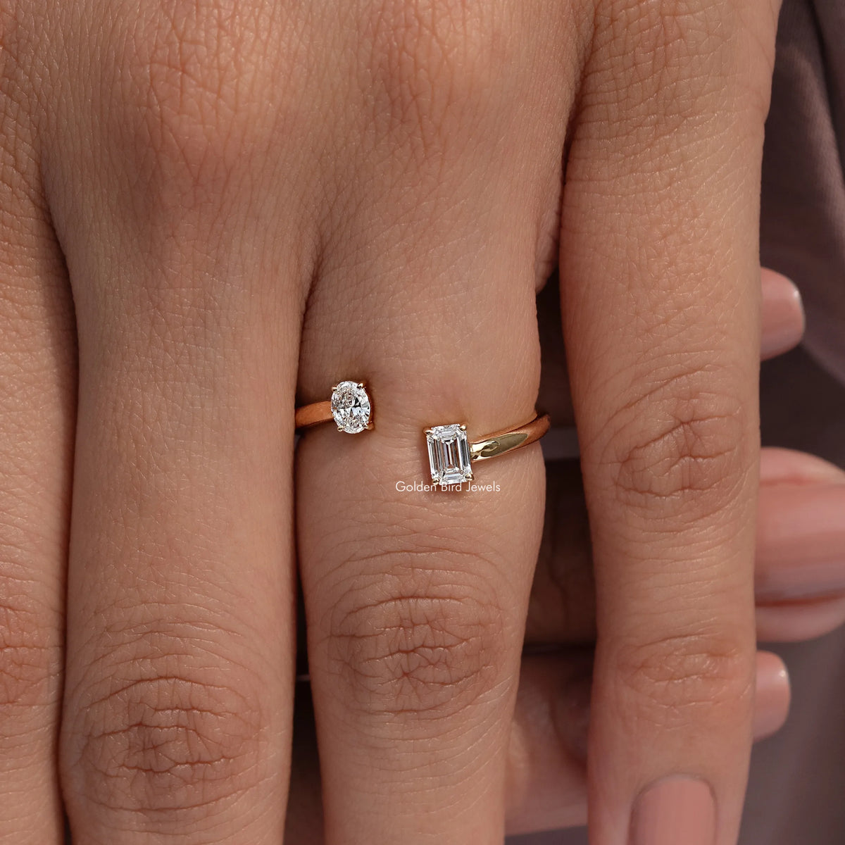 Open cuff ring with round lab diamond top and emerald-cut side stone