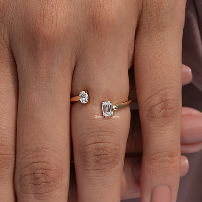 Open cuff ring with round lab diamond top and emerald-cut side stone