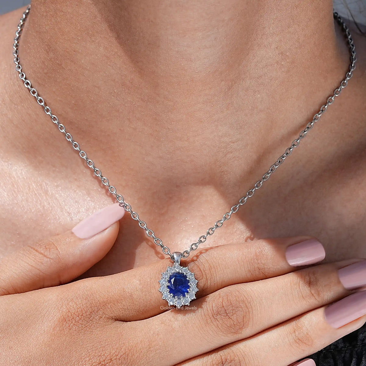 Detailed view of oval shape diamond pendant