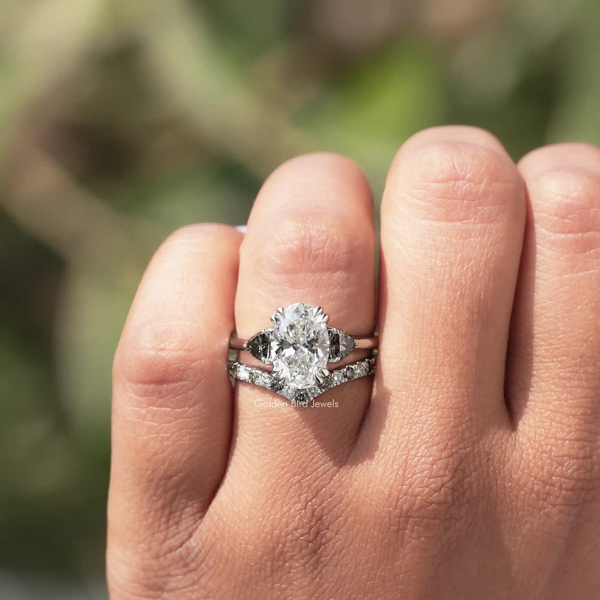 View of Oval Cut Diamond Bridal Ring Set In White Gold