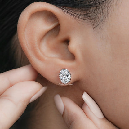 Front view of Oval Diamond Milgrain Bezel Studs