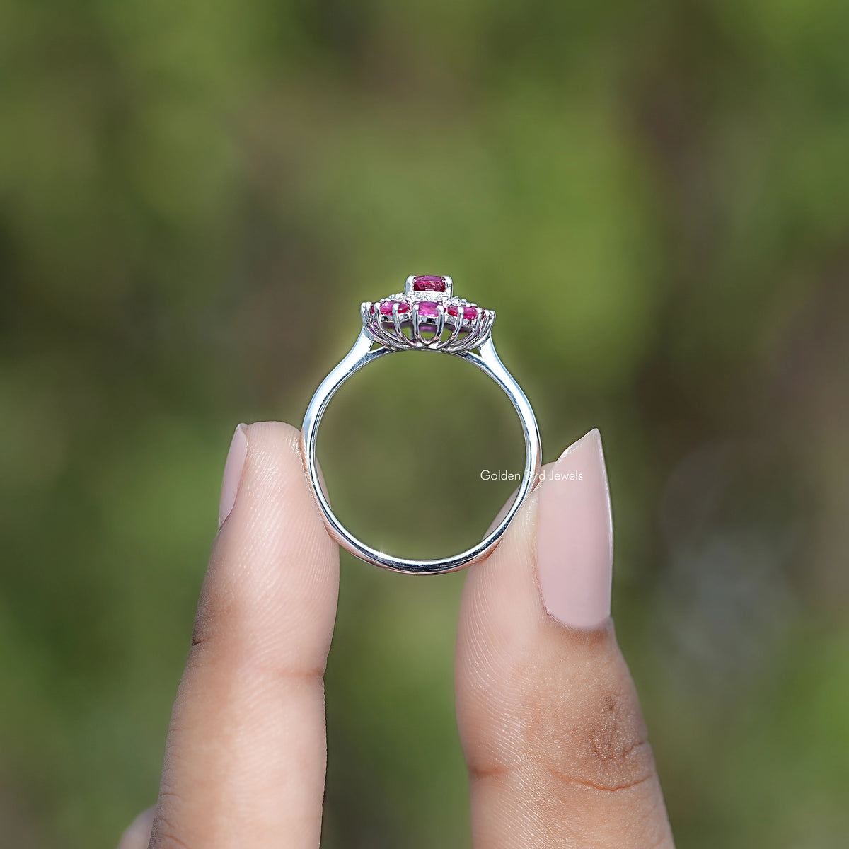 Pink gemstone double halo engagement ring shown from the back