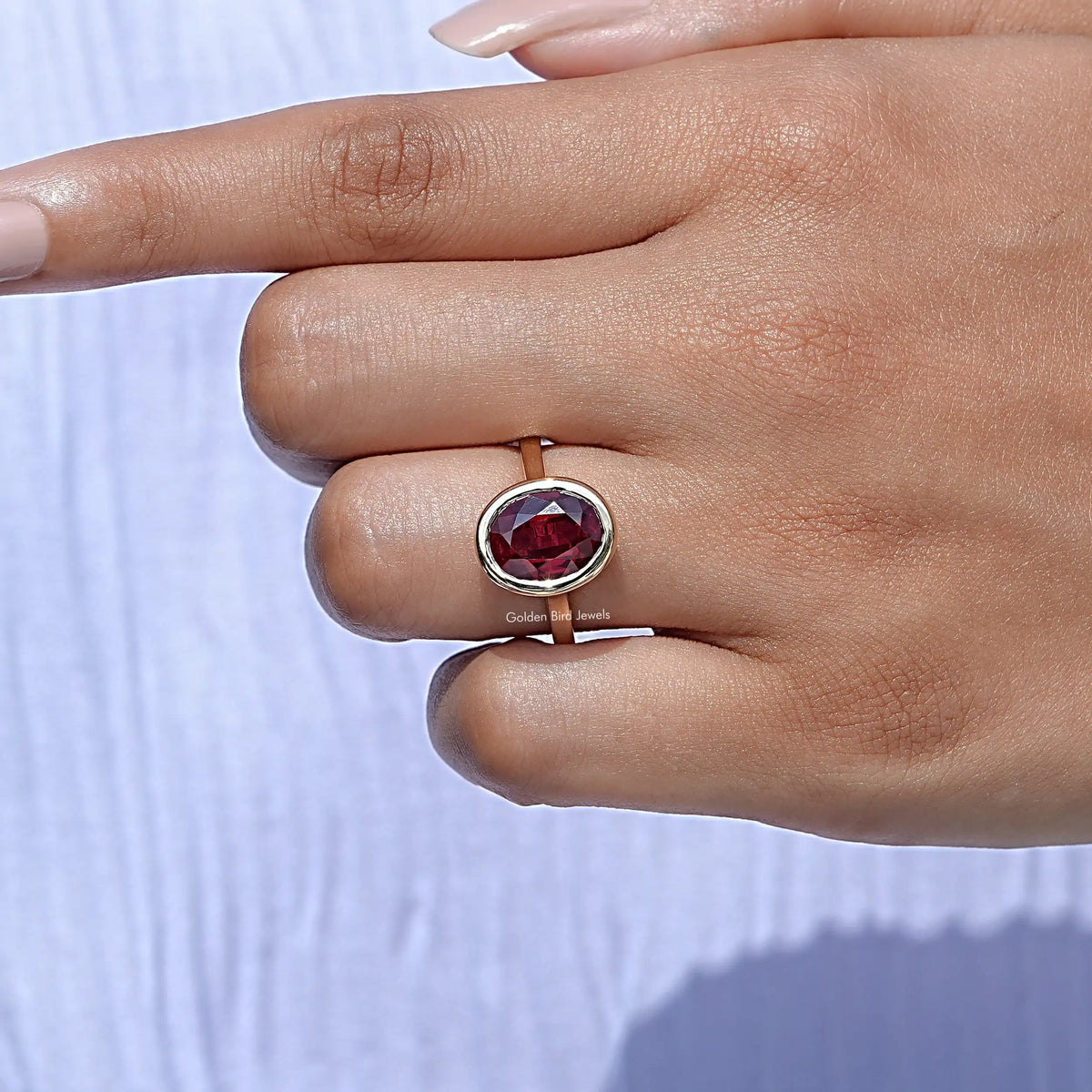 View of Oval Cut Lab Gemstone Solitaire Ring in prongs setting