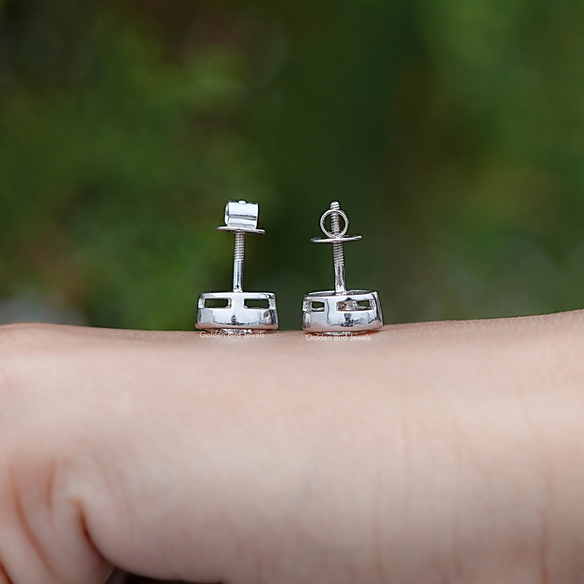 Back View of Bezel Set Oval Diamond Stud Earrings in screw back