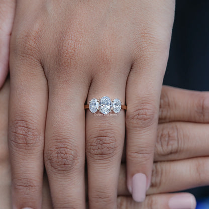 Display view of Oval Cut Lab Diamond Three Stone Engagement Ring