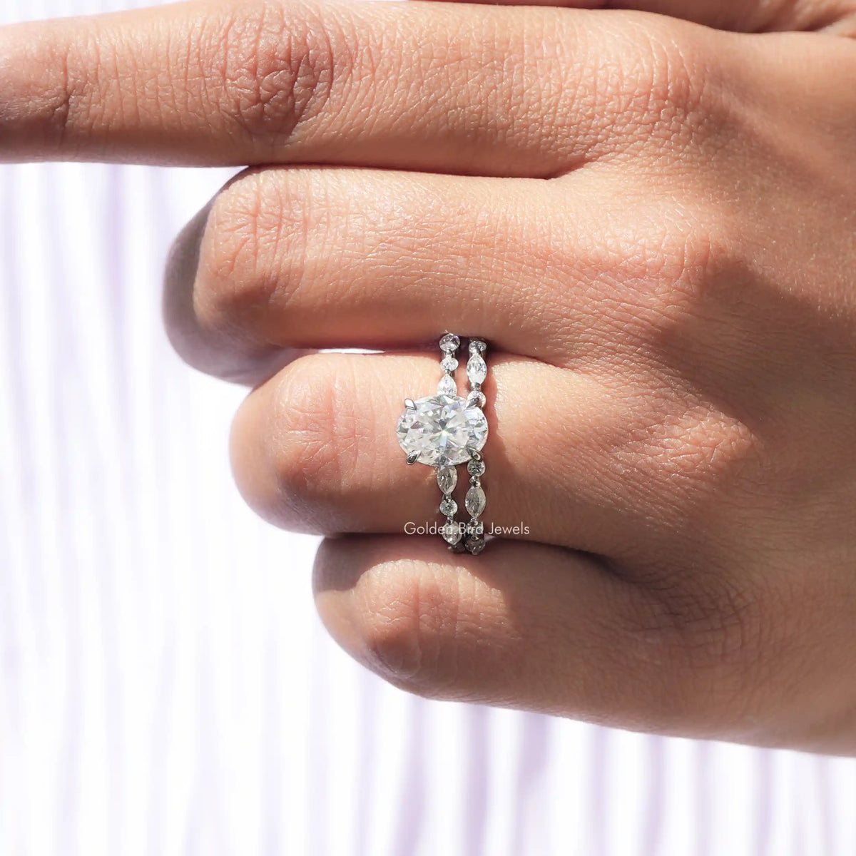 Detailed View Of Oval Cut Moissanite Bridal Ring Set In White Gold