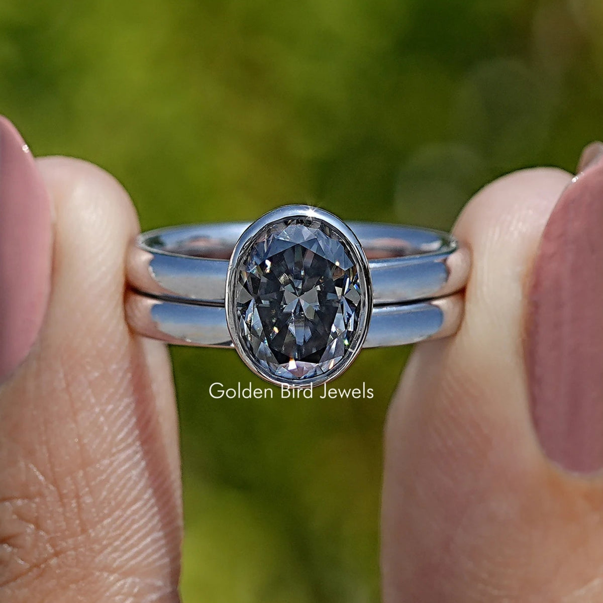 Front View of Oval Shaped Moissanite Bridal Wedding Ring Set