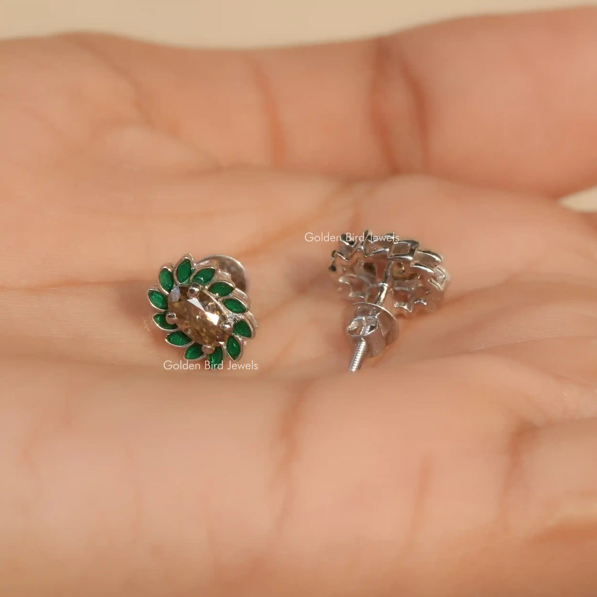 Front and Back Side View of Solitaire stud earrings crafted in moissanite 