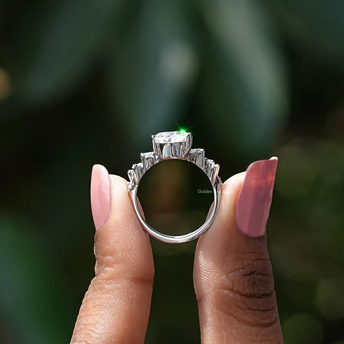 Back view of moissanite engagement  ring  in a secure setting