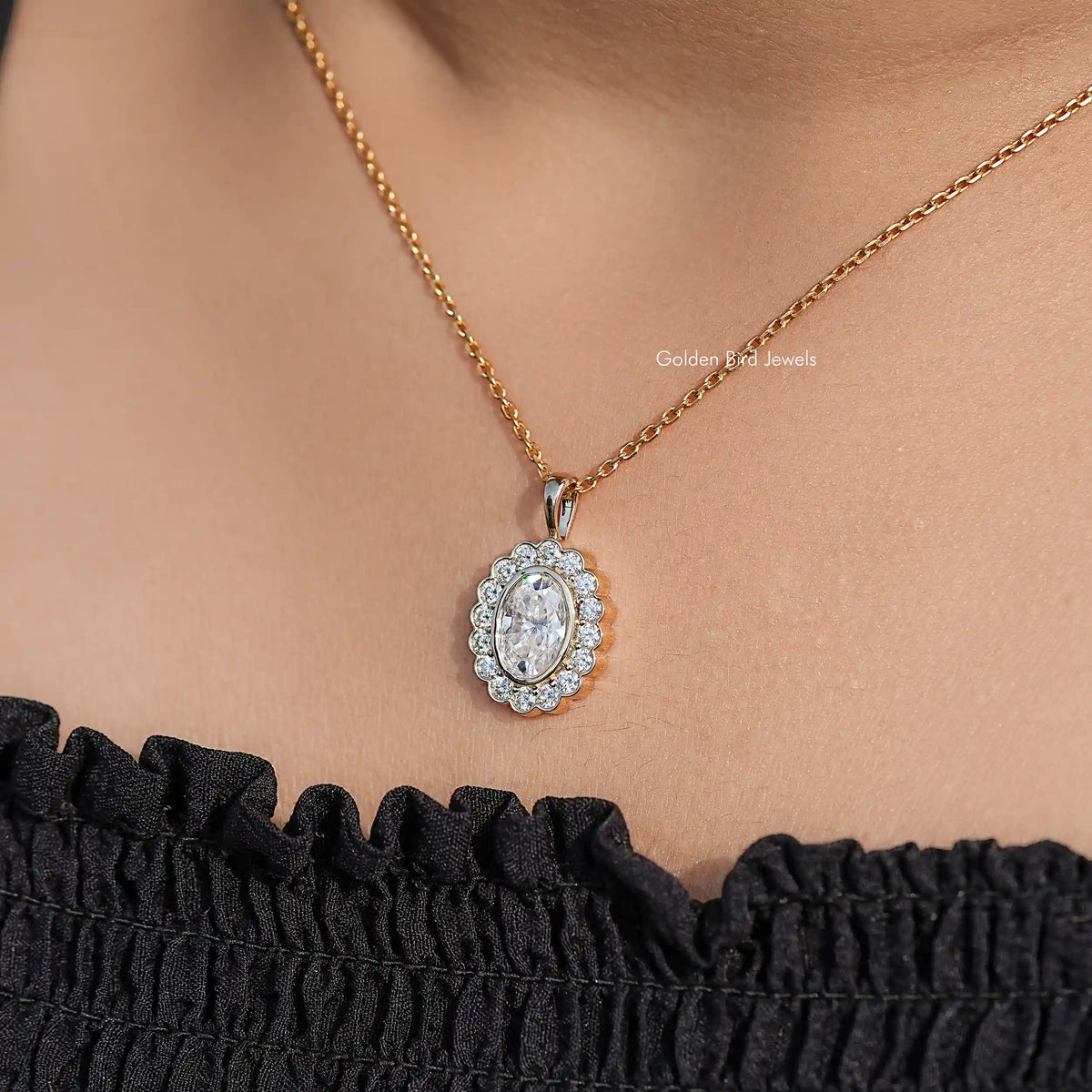 neck View of Oval Moissanite Halo Pendant 
