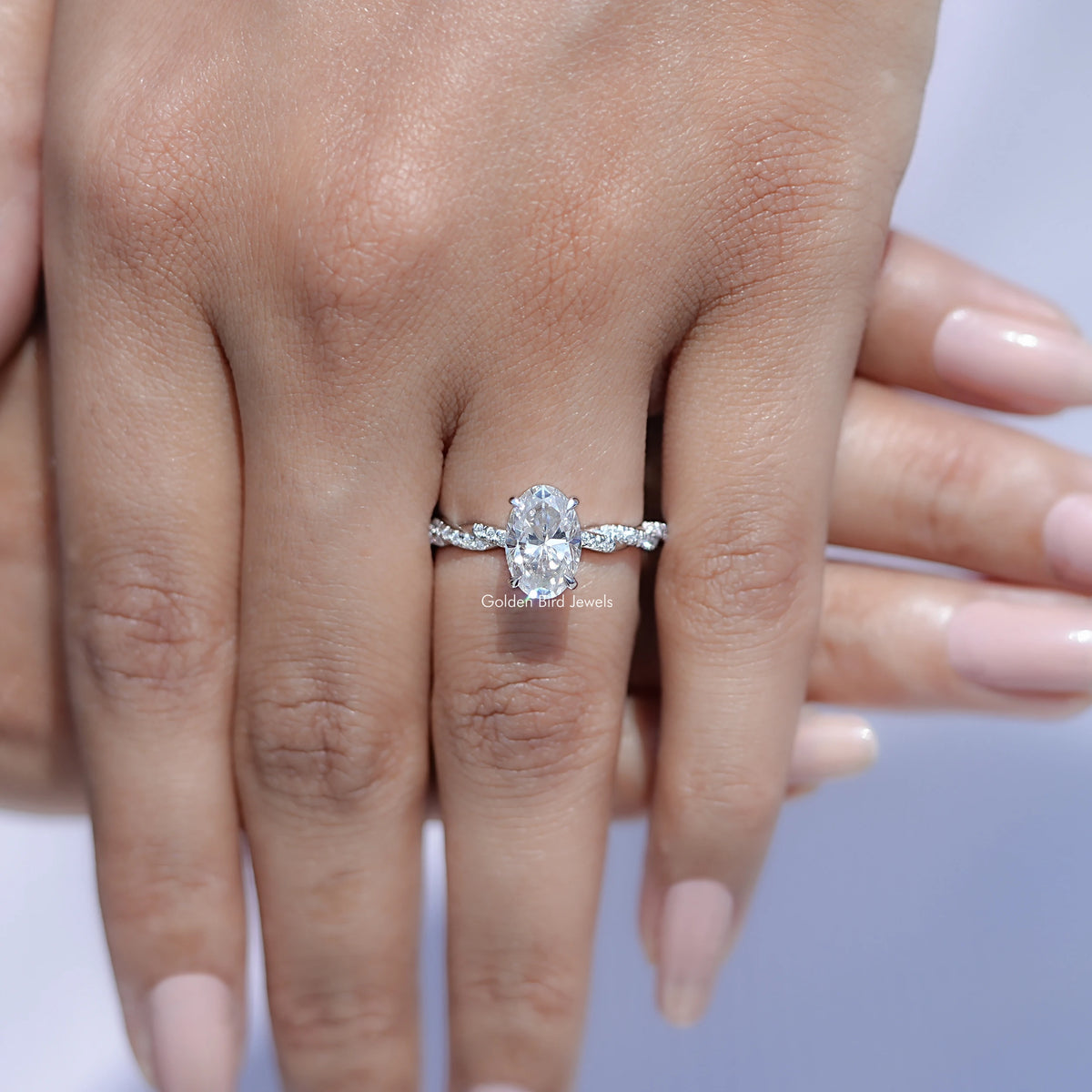 View of Oval Shaped Solitaire Shank Ring in prongs setting 
