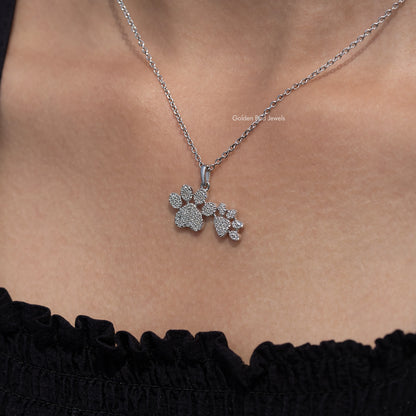Paw-cluster pendant necklace with three paw prints, round-cut sparkling stones