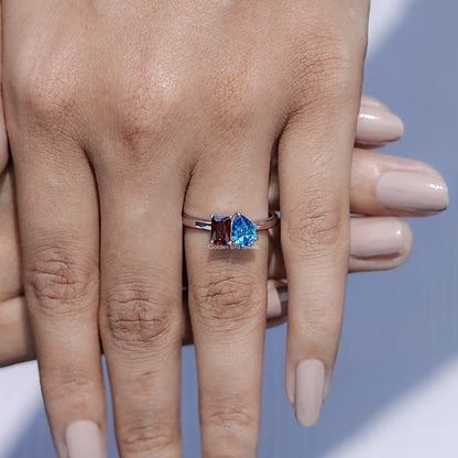 In finger front view of Two Stone Moissanite Engagement Ring in unique shape