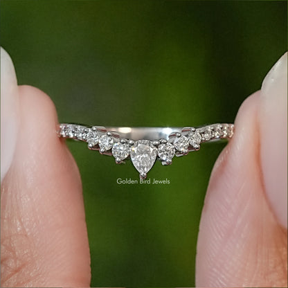Silver chevron eternity band ring with pear-cut white moissanite stones
